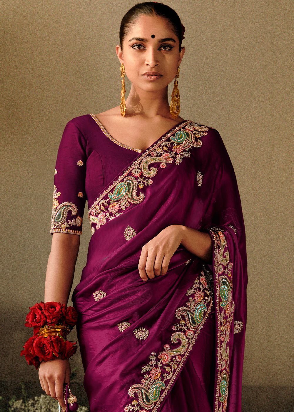 Mardi Gras Purple Dola Silk Saree with Hand Embroidery work