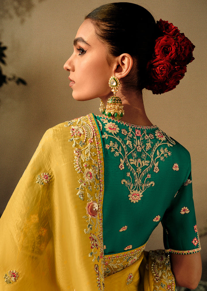 Dandelion Yellow Dola Silk Saree with Hand Embroidery work