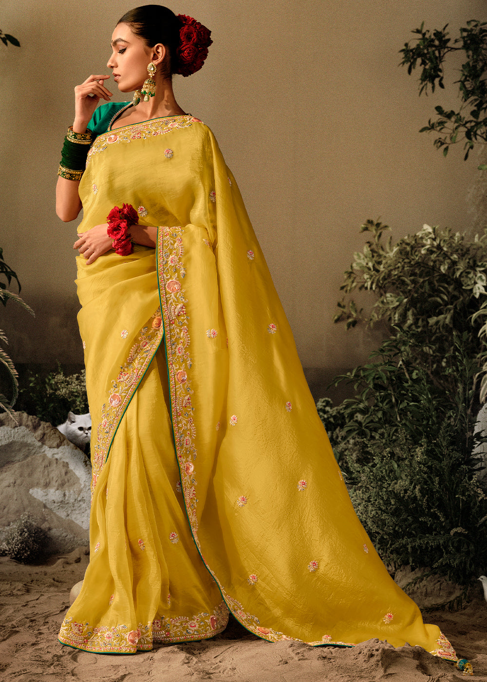Dandelion Yellow Dola Silk Saree with Hand Embroidery work
