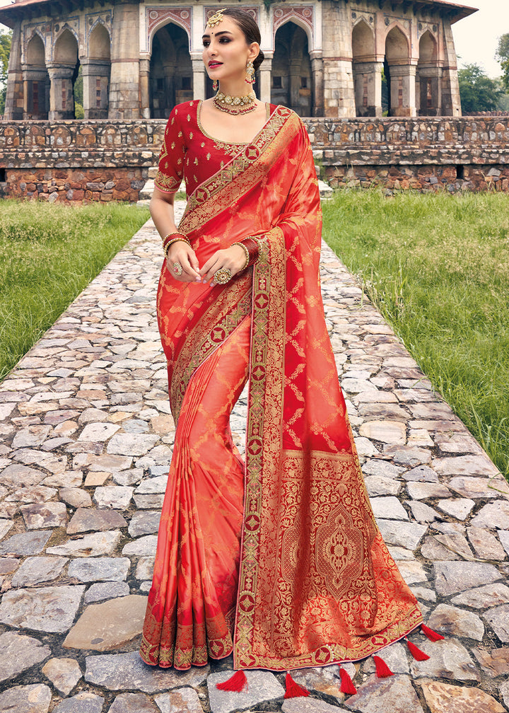 Shades Of Red Zari Woven Banarasi Silk Saree with Embroidered Blouse