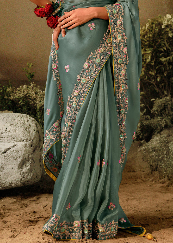 Stone Blue Dola Silk Saree with Hand Embroidery work
