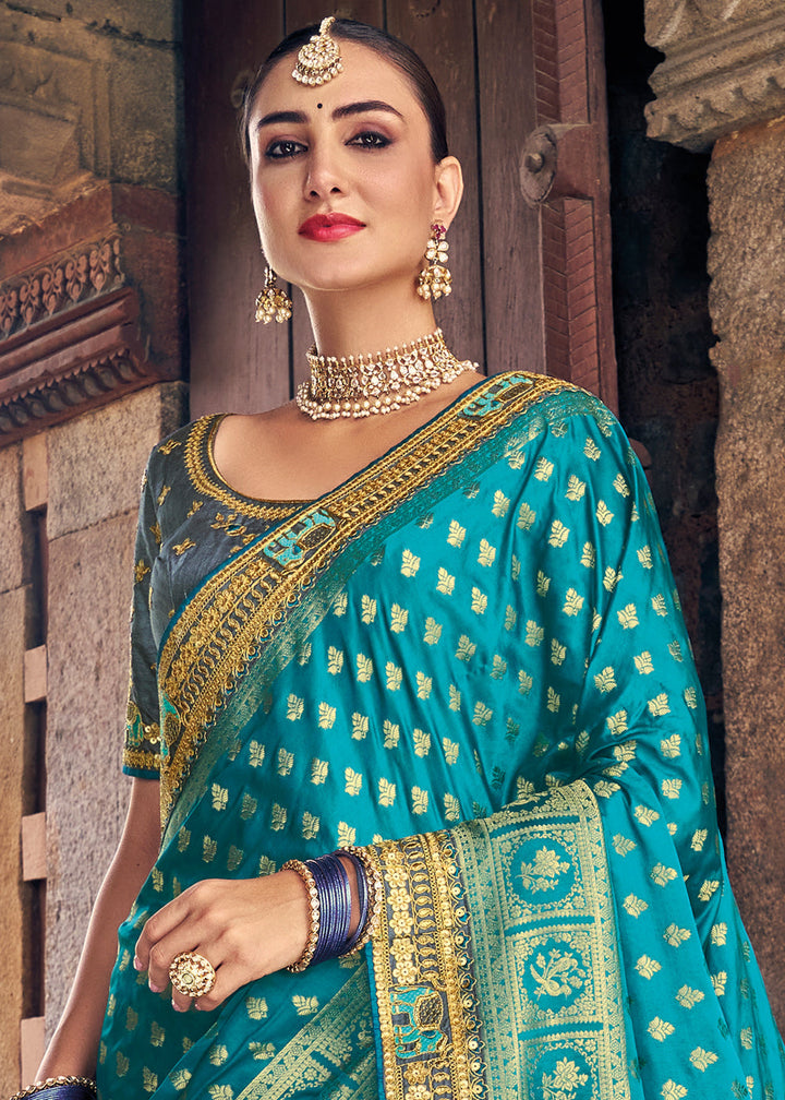 Shades Of Blue Zari Woven Banarasi Silk Saree with Embroidered Blouse