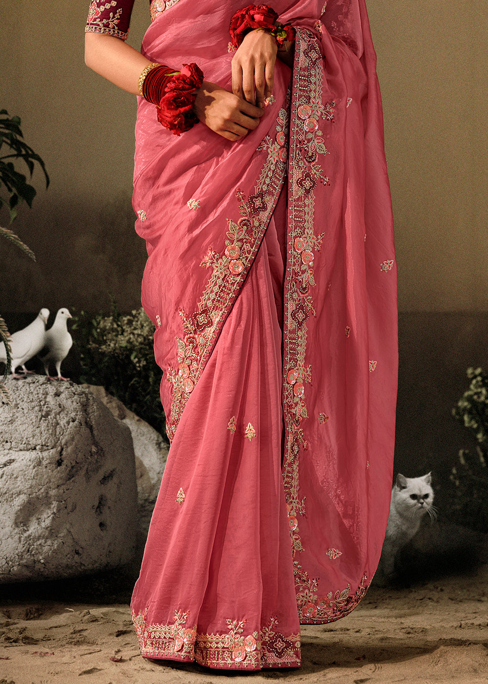 Brink Pink Dola Silk Saree with Hand Embroidery work
