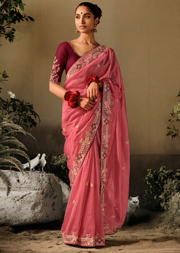 Brink Pink Dola Silk Saree with Hand Embroidery work