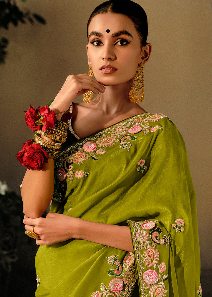 Avocado Green Dola Silk Saree with Hand Embroidery work