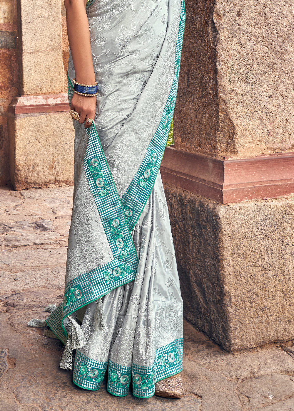 Silver Grey Zari Woven Banarasi Silk Saree with Embroidered Blouse