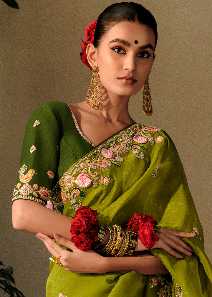Avocado Green Dola Silk Saree with Hand Embroidery work
