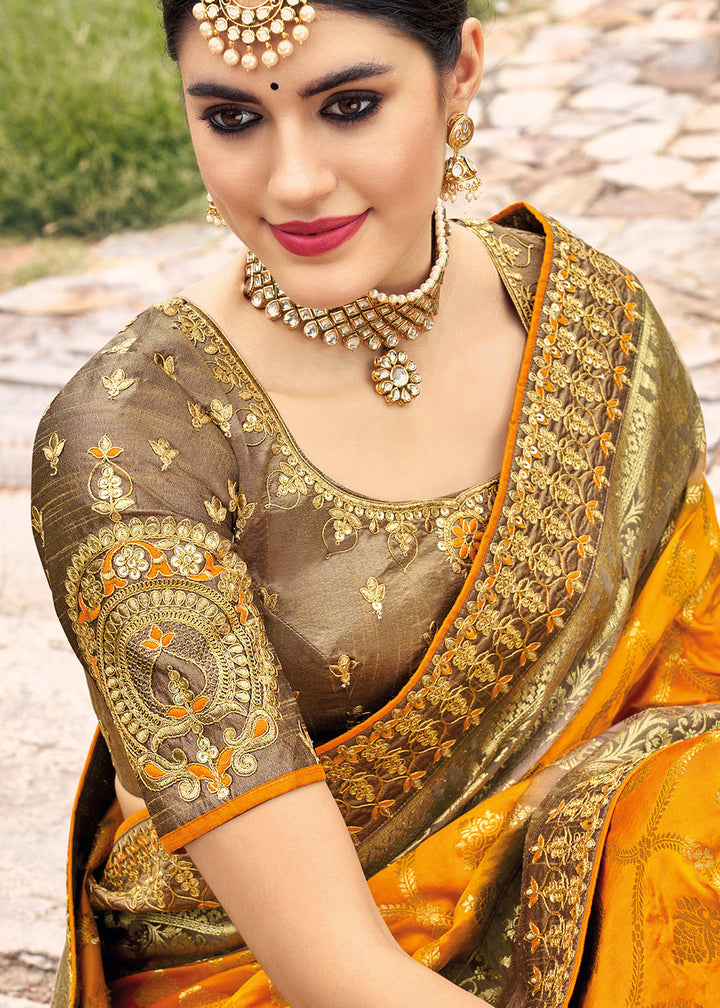 Orange & Brown Zari Woven Banarasi Silk Saree with Embroidered Blouse