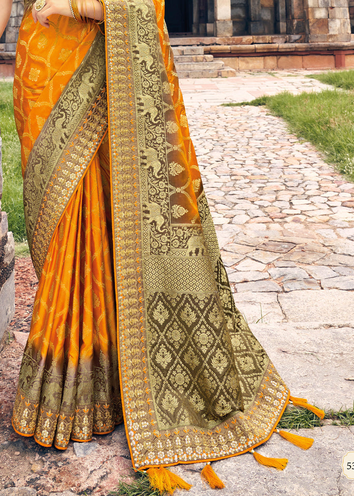 Orange & Brown Zari Woven Banarasi Silk Saree with Embroidered Blouse