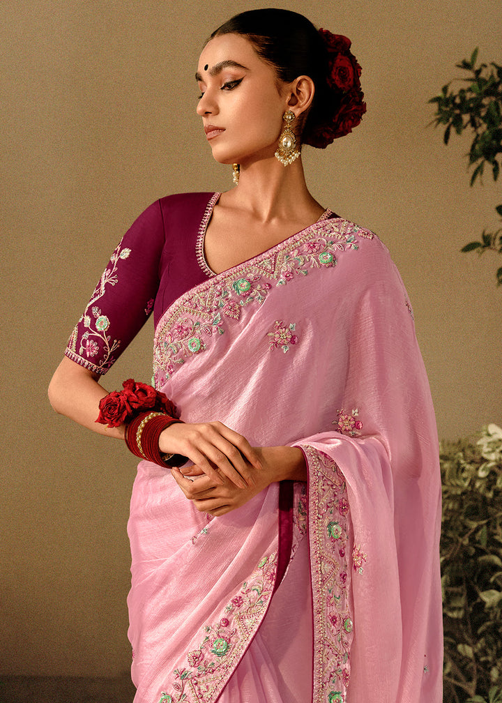 Taffy Pink Dola Silk Saree with Hand Embroidery work