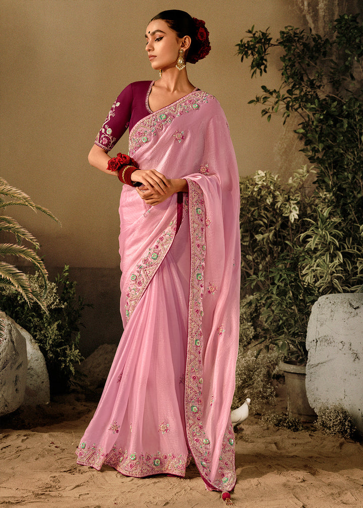 Taffy Pink Dola Silk Saree with Hand Embroidery work
