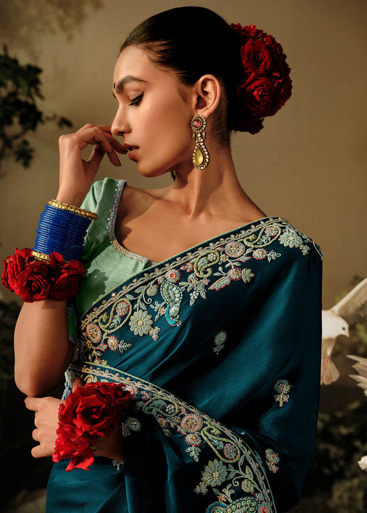 Yankees Blue Dola Silk Saree with Hand Embroidery work