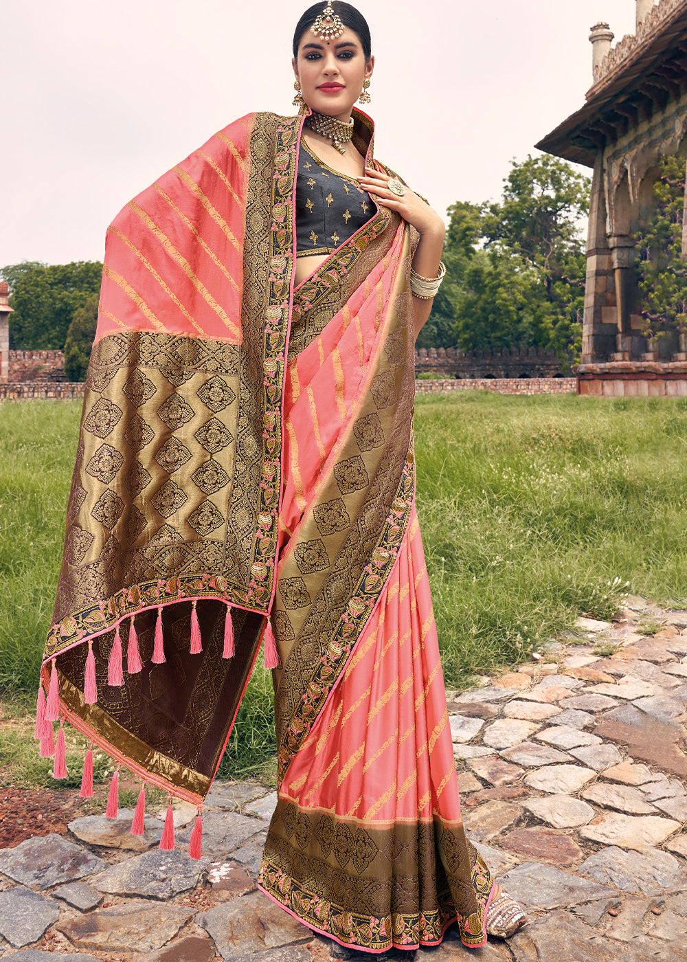 French Pink Zari Woven Banarasi Silk Saree with Embroidered Blouse