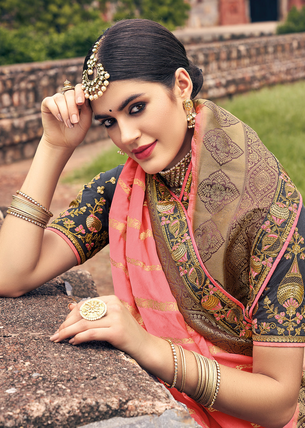 French Pink Zari Woven Banarasi Silk Saree with Embroidered Blouse: Top Pick