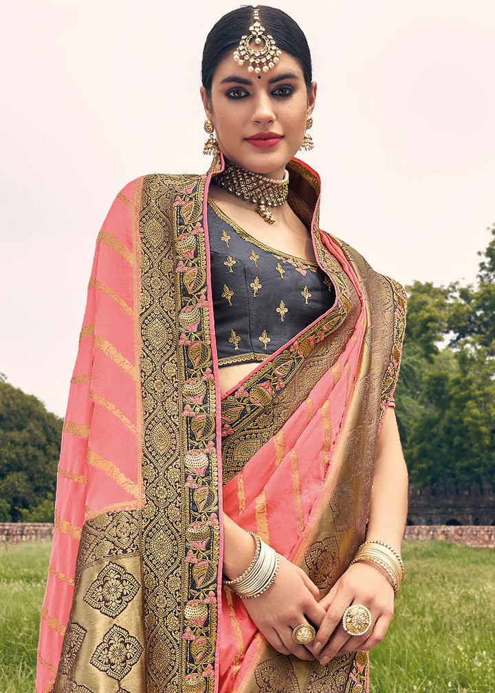 French Pink Zari Woven Banarasi Silk Saree with Embroidered Blouse: Top Pick