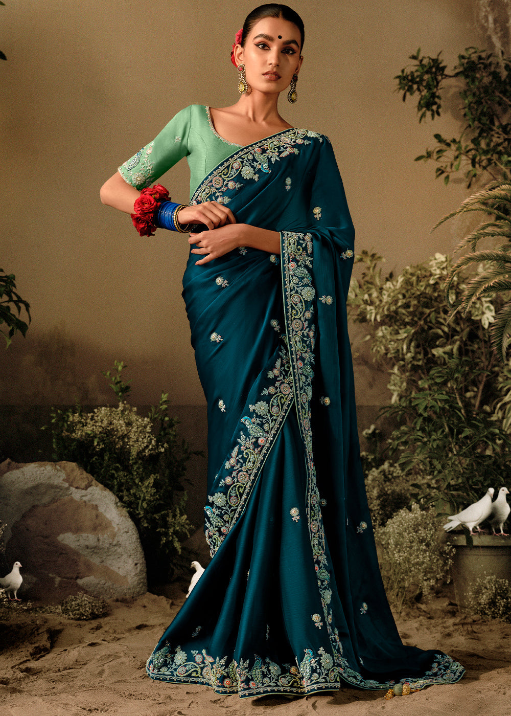 Yankees Blue Dola Silk Saree with Hand Embroidery work
