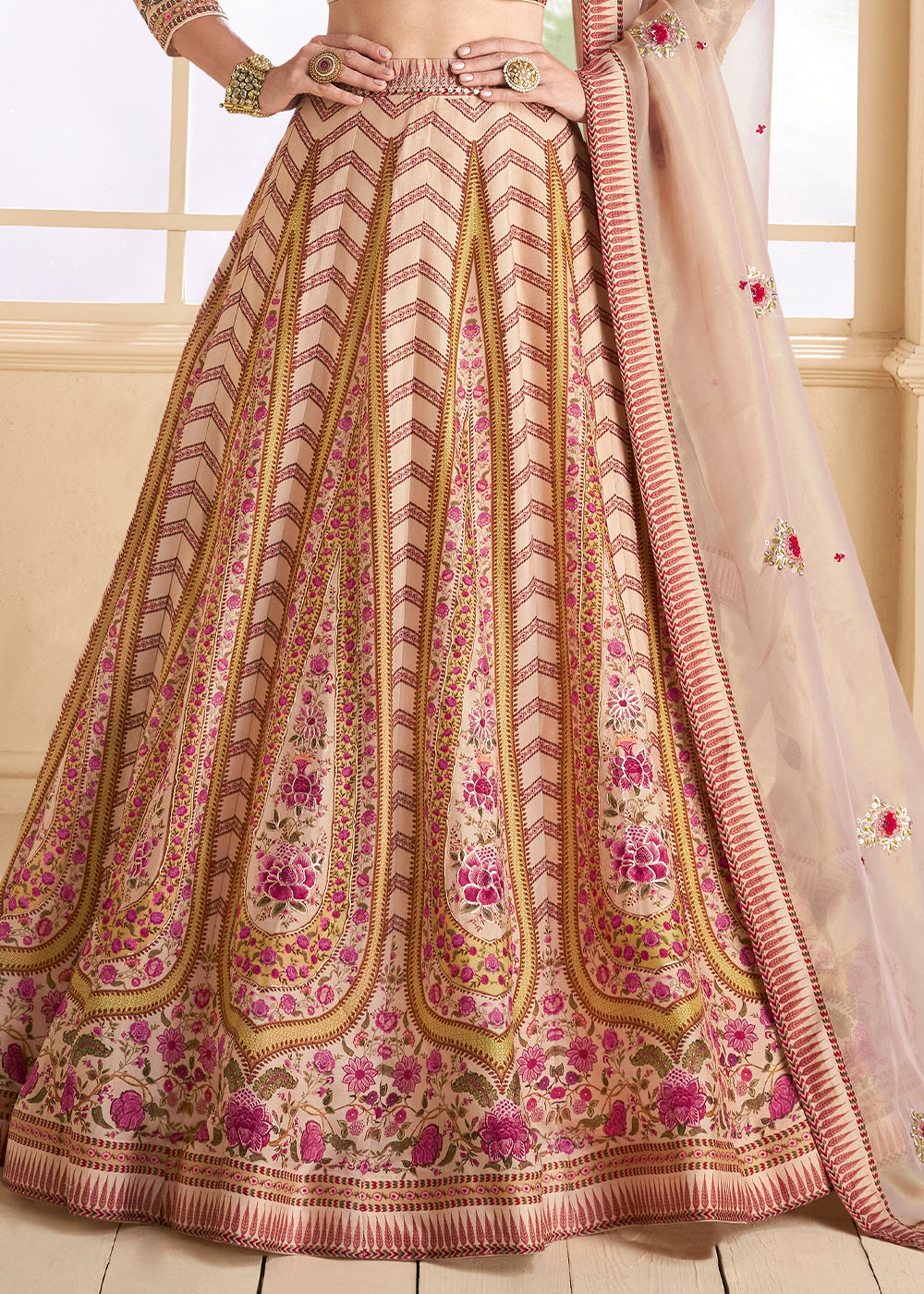 Beige Brown & Pink Floral Printed Silk lehenga Choli with Embroidery work