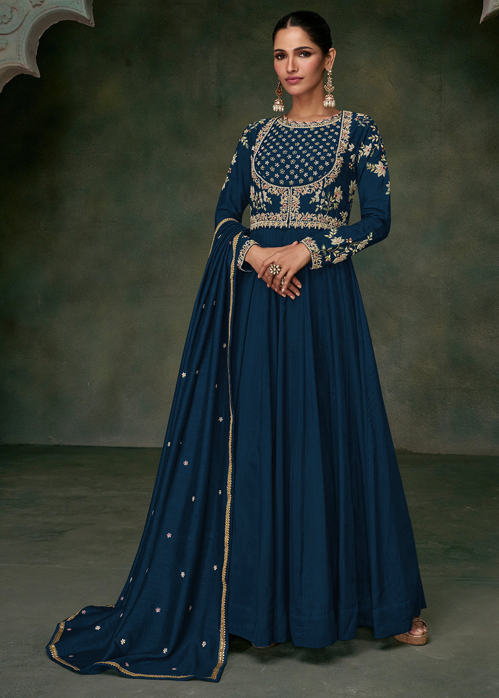 Space Blue Silk Anarkali Suit with Floral Embroidery work