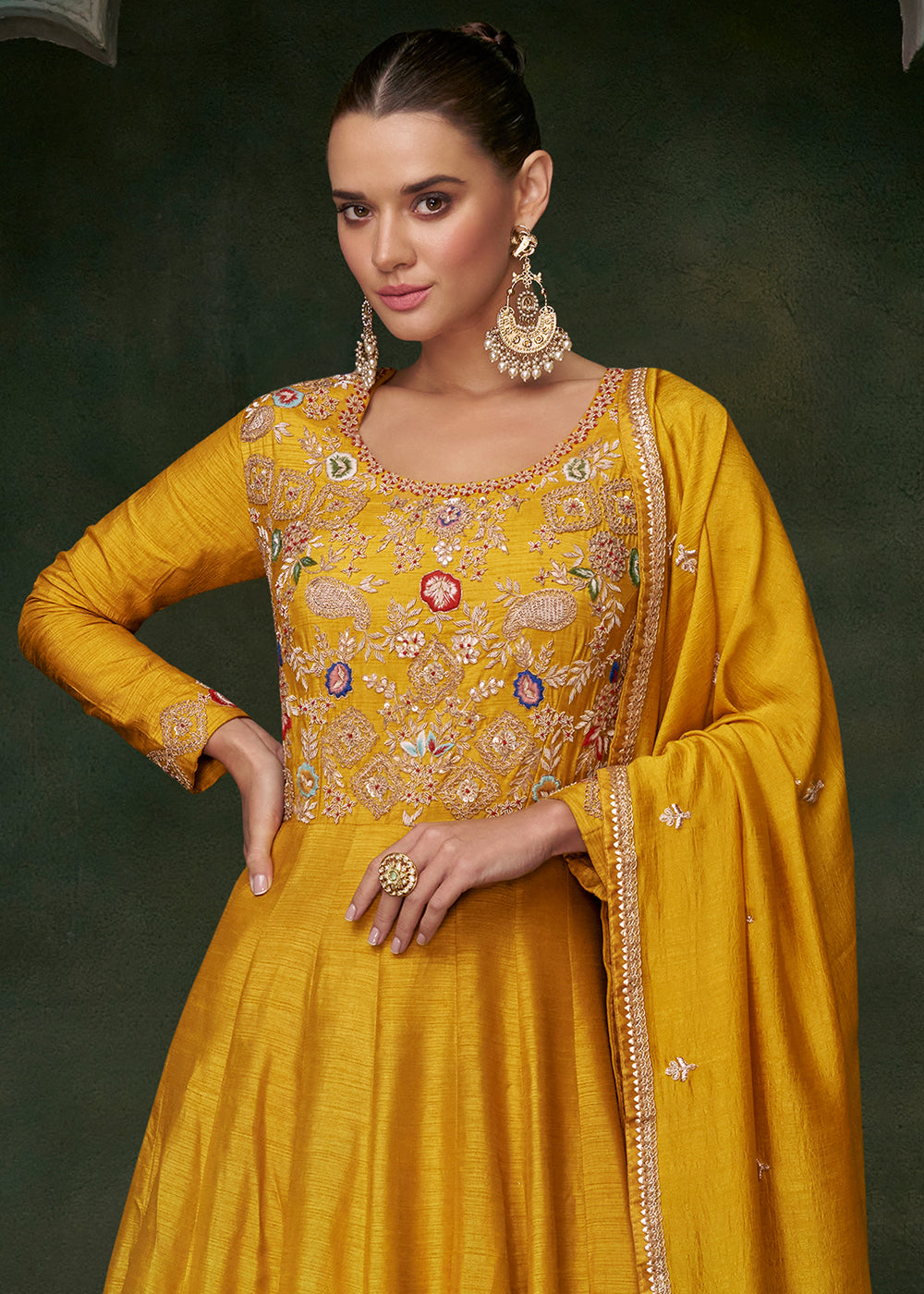 Saffron Yellow Silk Anarkali Suit with Floral Embroidery work