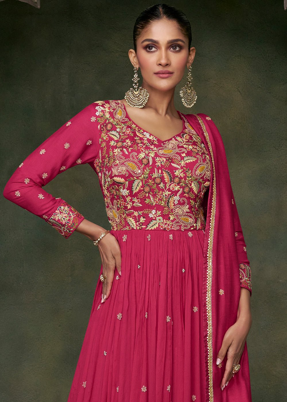 Hot Pink Silk Anarkali Suit with Floral Embroidery work
