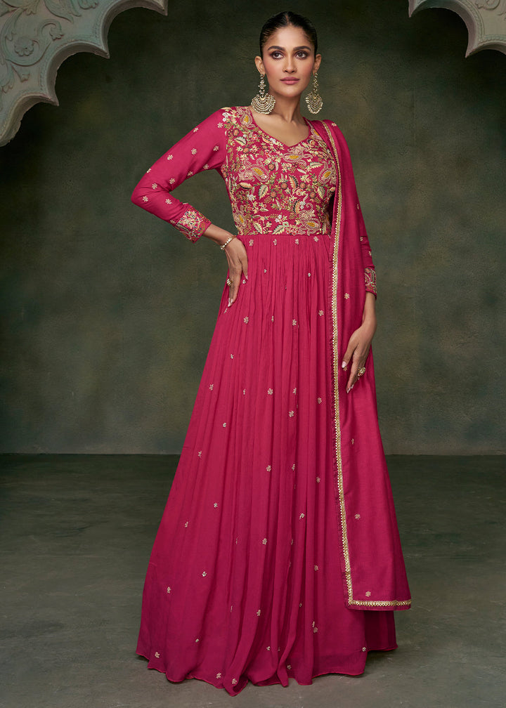 Hot Pink Silk Anarkali Suit with Floral Embroidery work