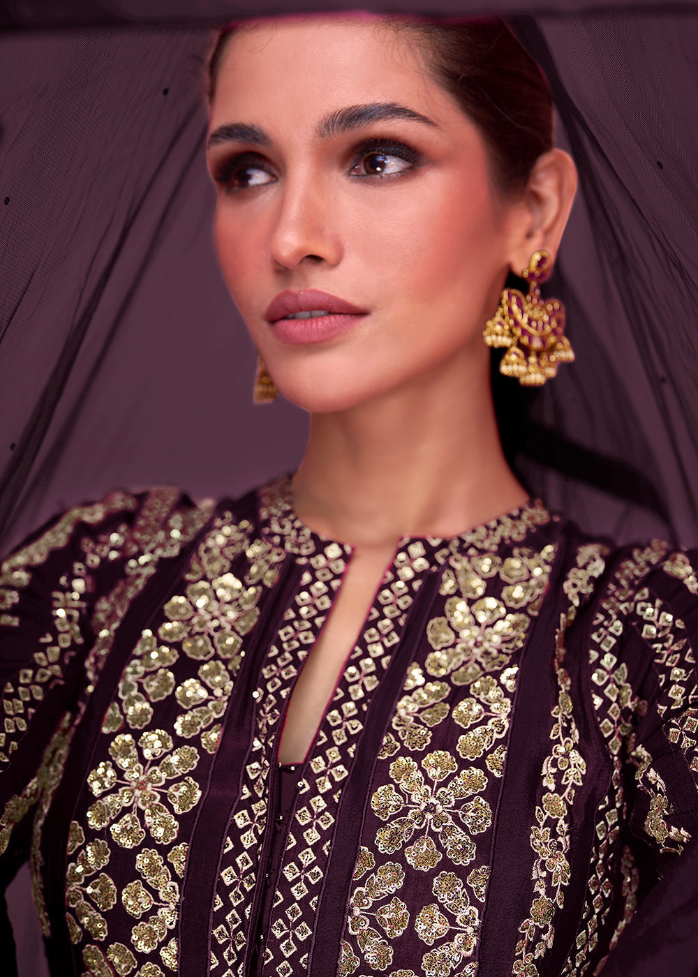 Sangria Purple Embroidered Georgette Salwar Suit