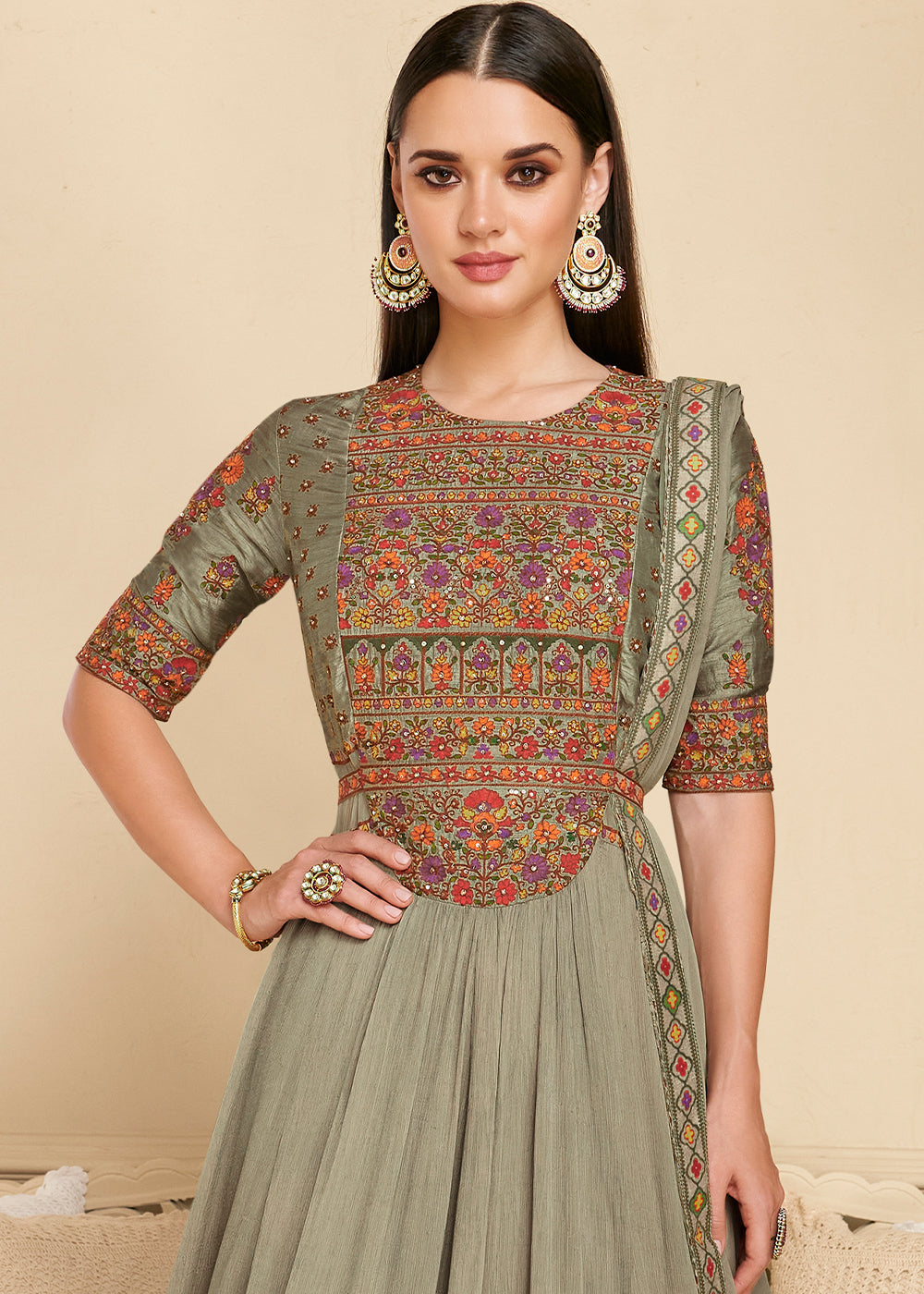 Shades Of Green Designer Georgette  Anarkali Suit with Embroidery work