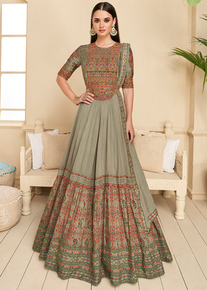 Shades Of Green Designer Georgette  Anarkali Suit with Embroidery work