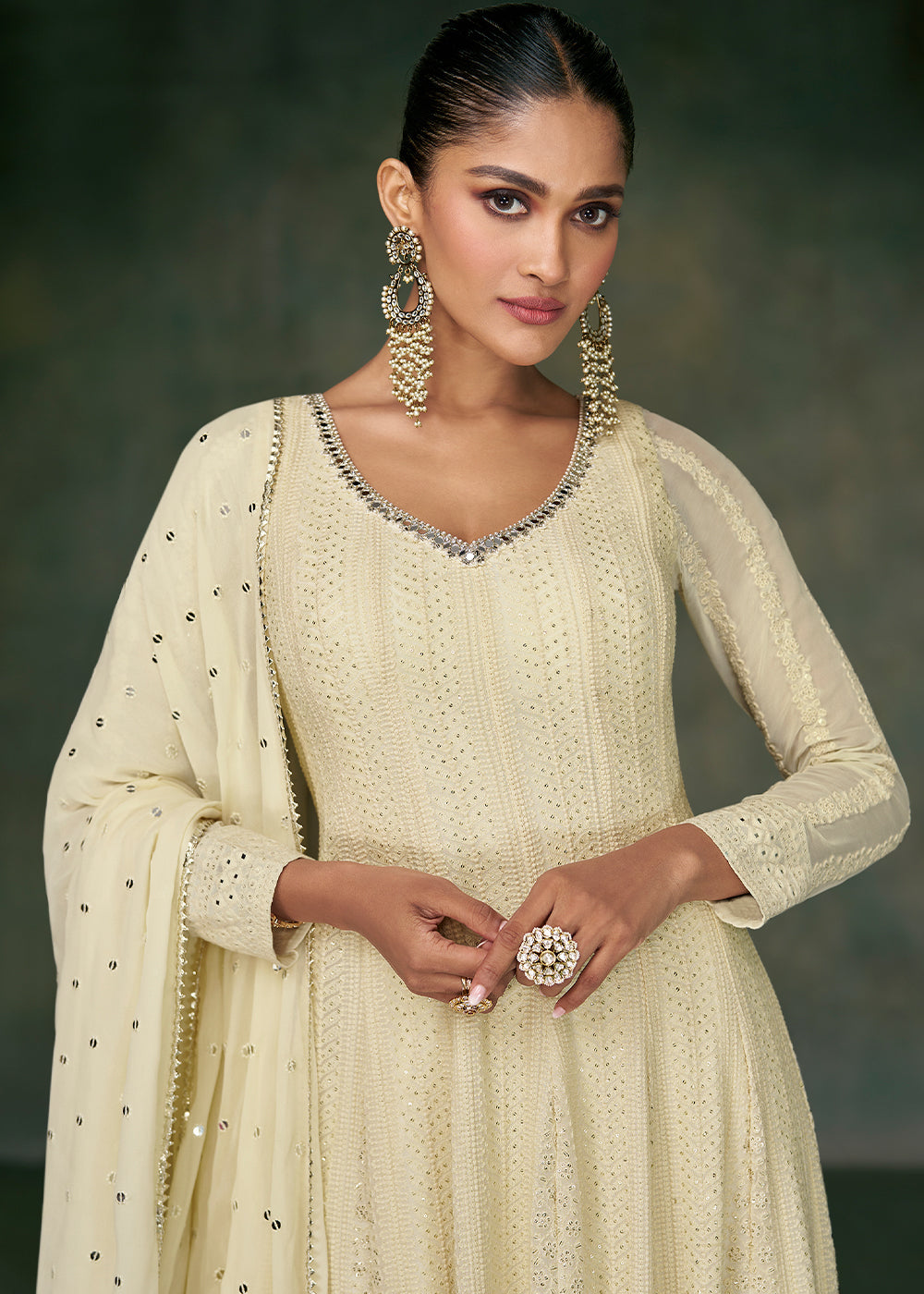 Cream White Georgette Front Embroidered Anarkali Suit