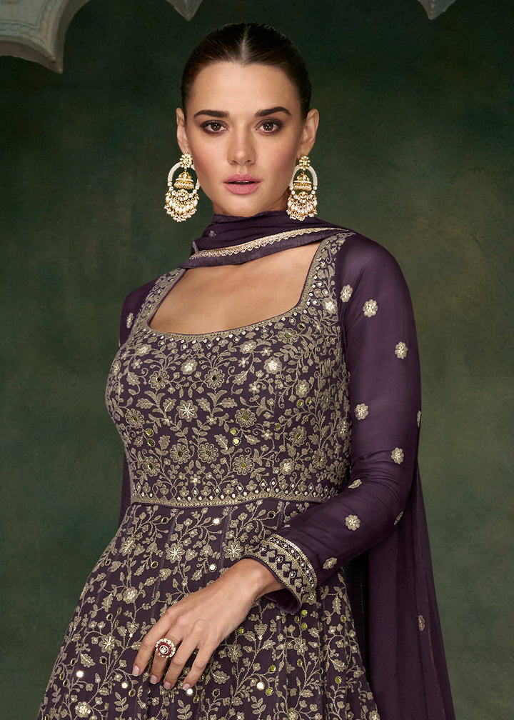 Midnight Purple Georgette Front Embroidered Anarkali Suit