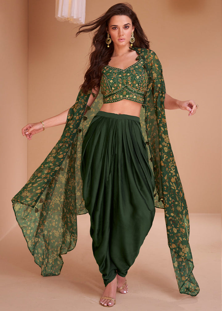 Bottle Green Satin Silk Dhoti & Mirror work Blouse with Floral Organza Silk Shrug