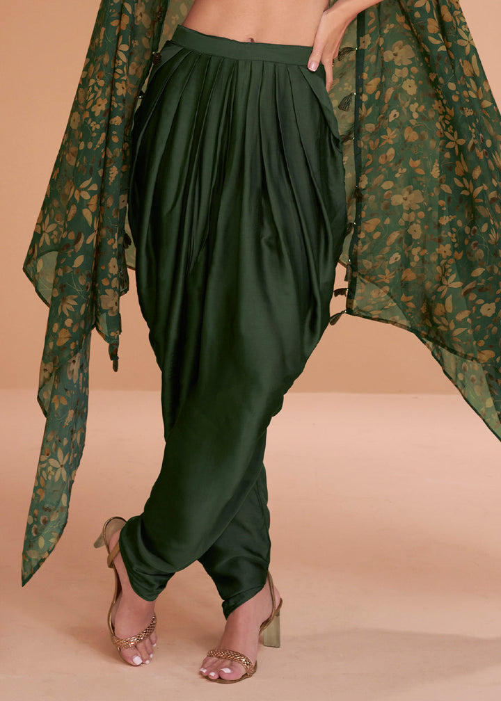 Bottle Green Satin Silk Dhoti & Mirror work Blouse with Floral Organza Silk Shrug