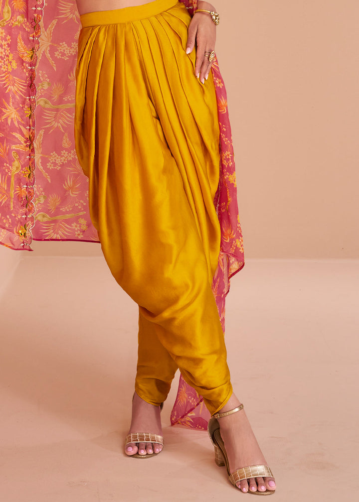Saffron Yellow Satin Silk Dhoti & Mirror work Blouse with Floral Organza Silk Shrug