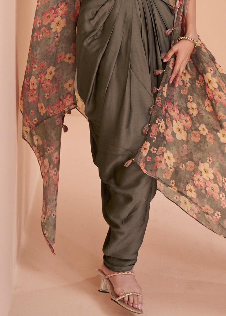 Ash Grey Satin Silk Dhoti & Mirror work Blouse with Floral Organza Silk Shrug