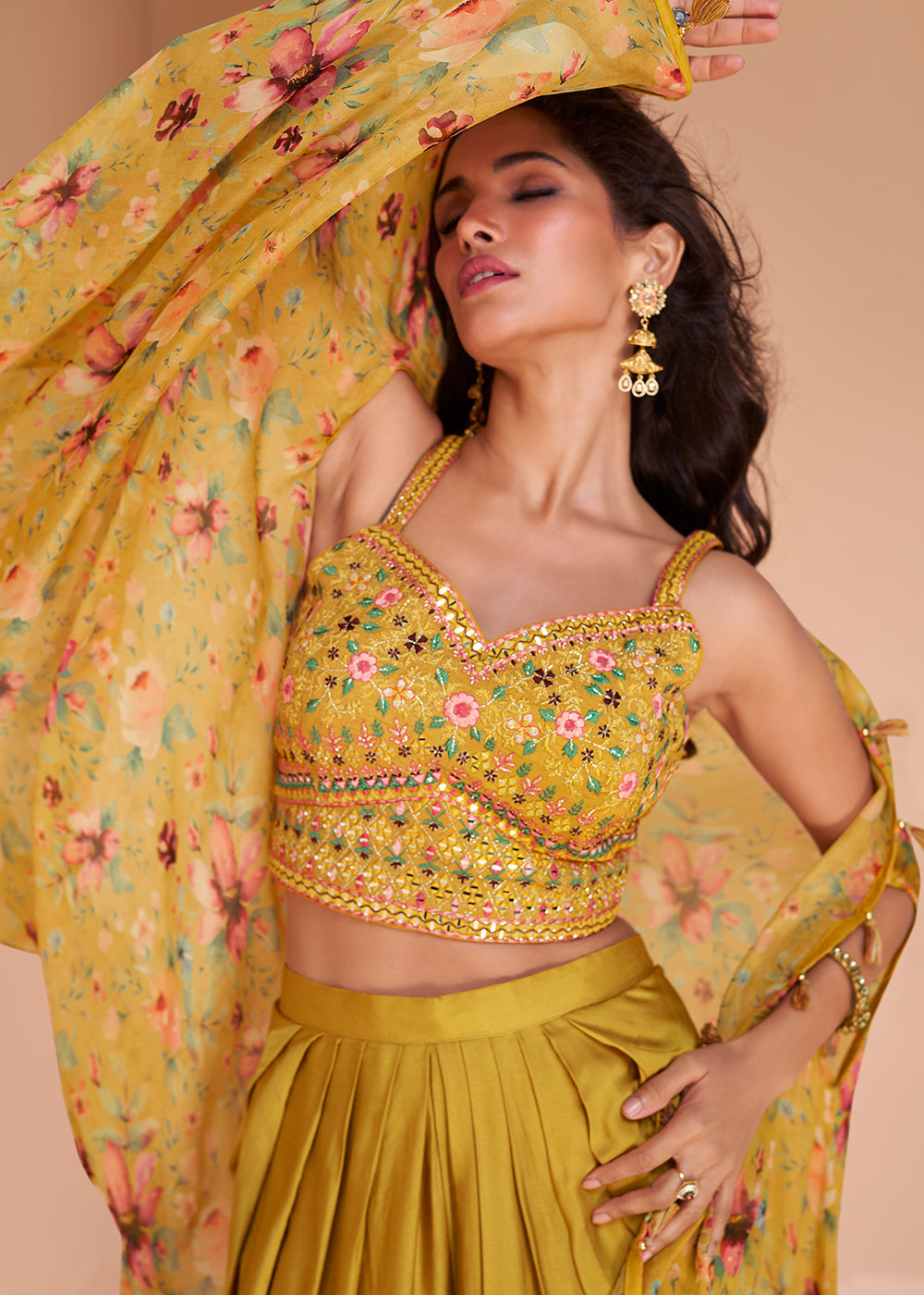 Mustard Yellow Satin Silk Dhoti & Mirror work Blouse with Floral Organza Silk Shrug