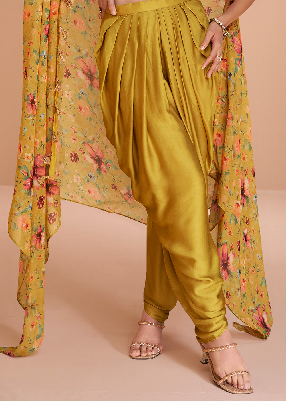 Mustard Yellow Satin Silk Dhoti & Mirror work Blouse with Floral Organza Silk Shrug