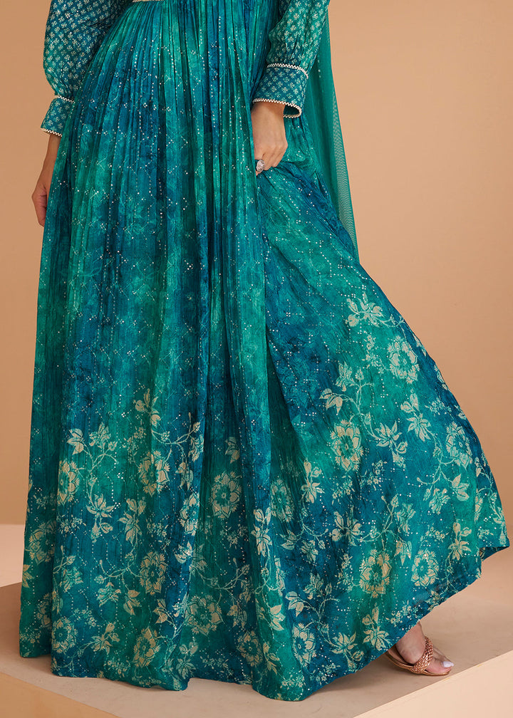 Cerulean Blue Floral Printed Georgette Anarkali Suit