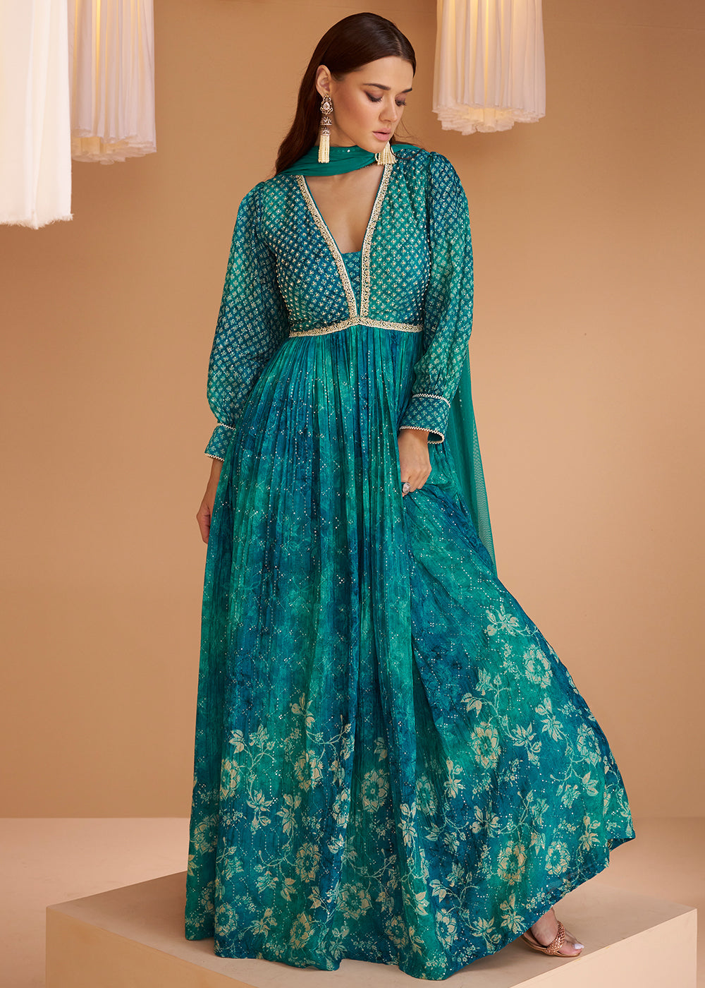 Cerulean Blue Floral Printed Georgette Anarkali Suit