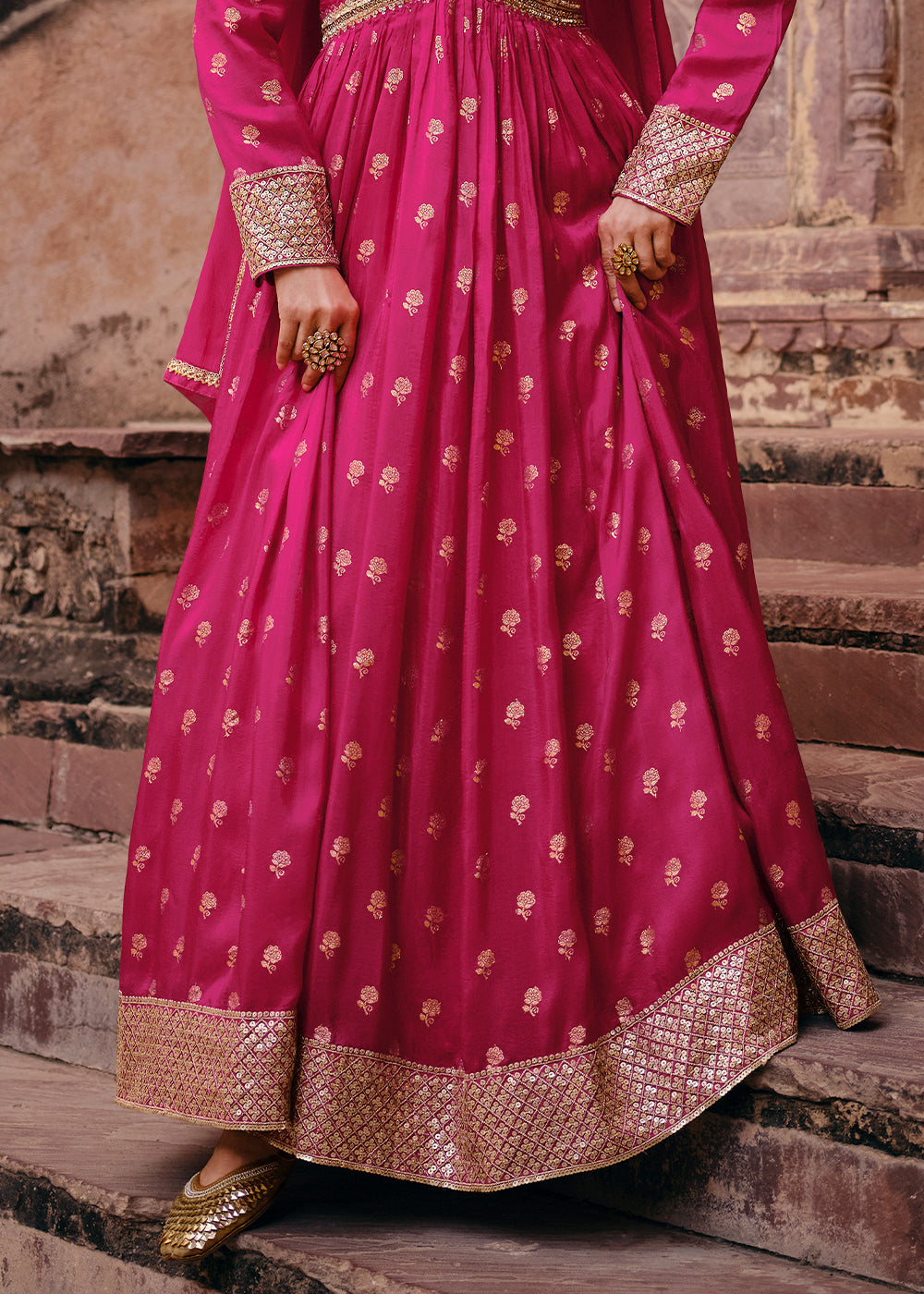 Hot Pink Viscose Jacquard Silk Anarkali Suit with Front & Back Embroidery