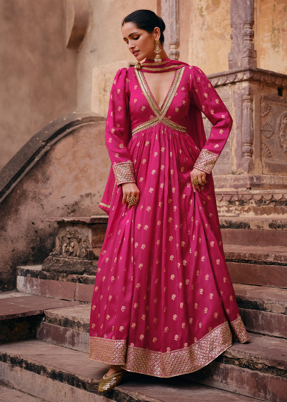 Hot Pink Viscose Jacquard Silk Anarkali Suit with Front & Back Embroidery