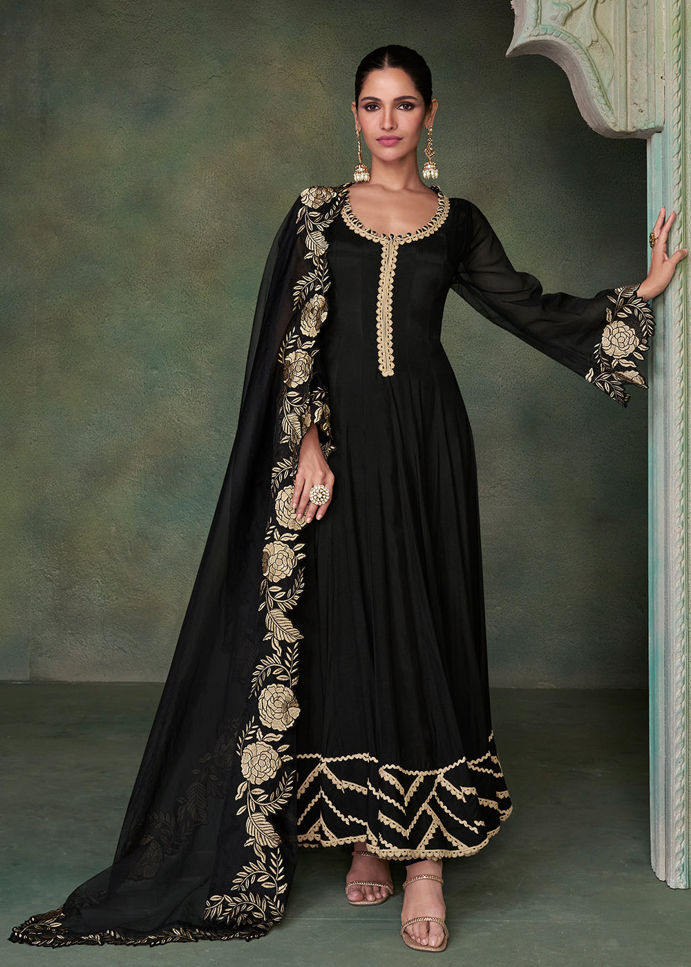 Sable Black Designer Silk Anarkali Suit with Organza Dupatta