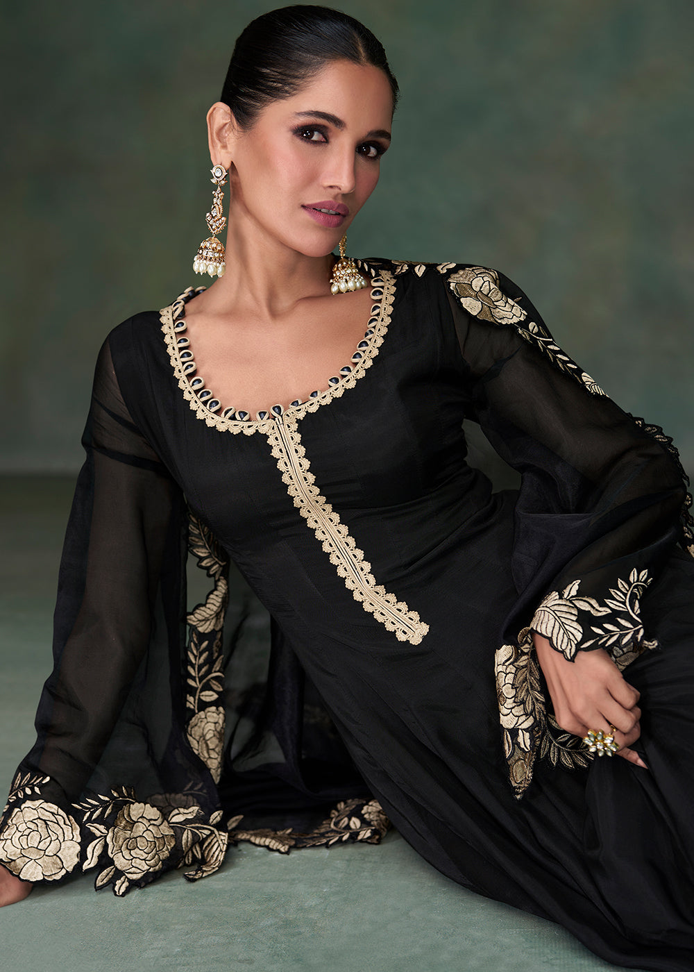 Sable Black Designer Silk Anarkali Suit with Organza Dupatta : Top Pick