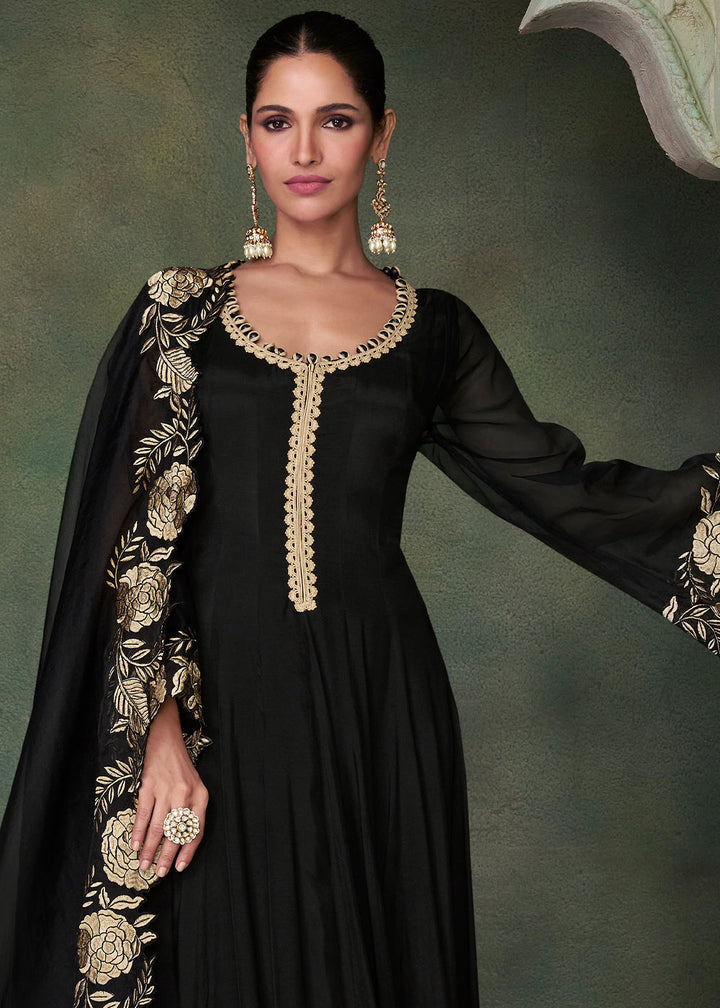 Sable Black Designer Silk Anarkali Suit with Organza Dupatta : Top Pick