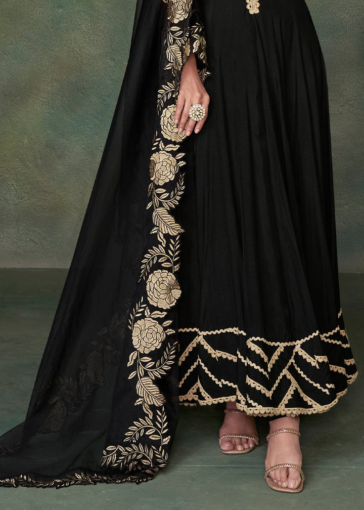 Sable Black Designer Silk Anarkali Suit with Organza Dupatta