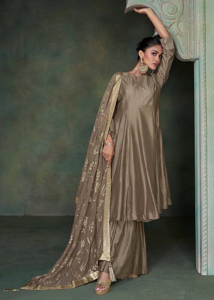 Dark Khaki Brown Designer Silk Salwar Suit with Organza Dupatta
