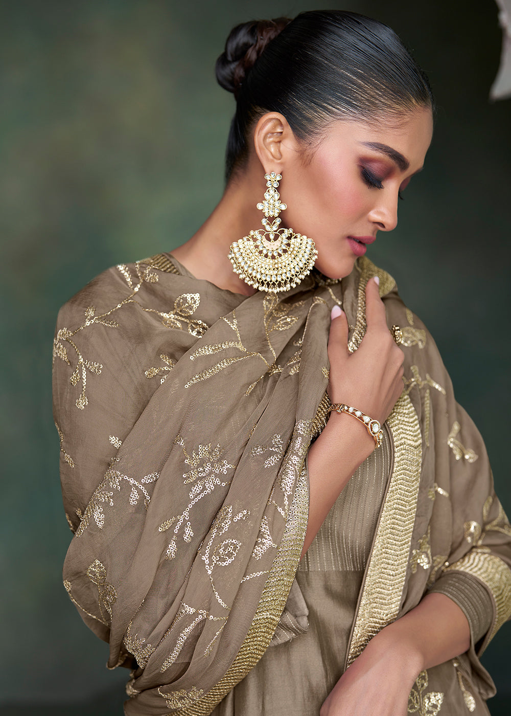 Dark Khaki Brown Designer Silk Salwar Suit with Organza Dupatta
