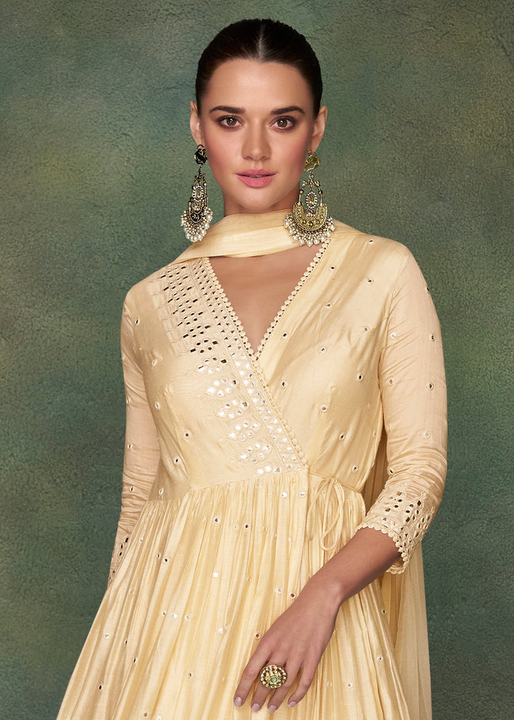 Cream White Designer Silk Anarkali Suit with Net Dupatta