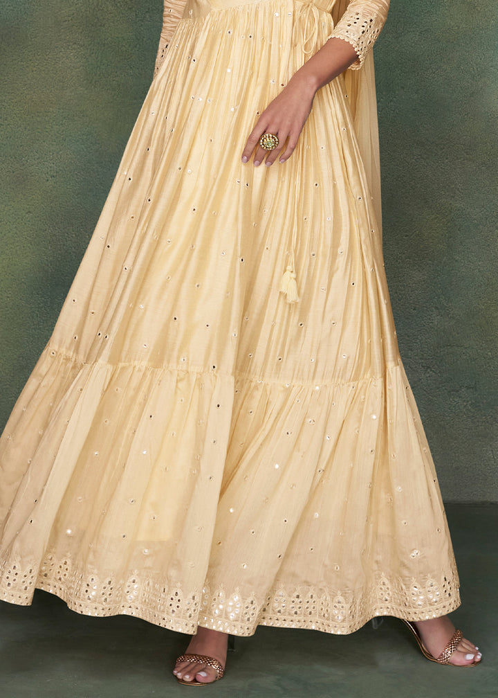 Cream White Designer Silk Anarkali Suit with Net Dupatta