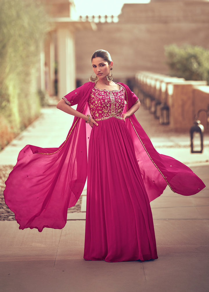 Bright Pink Chinon Silk Designer Anarkali Suit with Floral Embroidery work