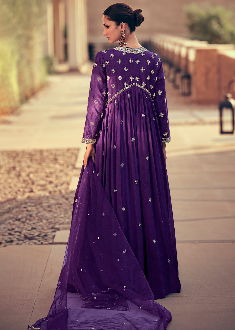 Indigo Purple Chinon Silk Designer Anarkali Suit with Floral Embroidery work